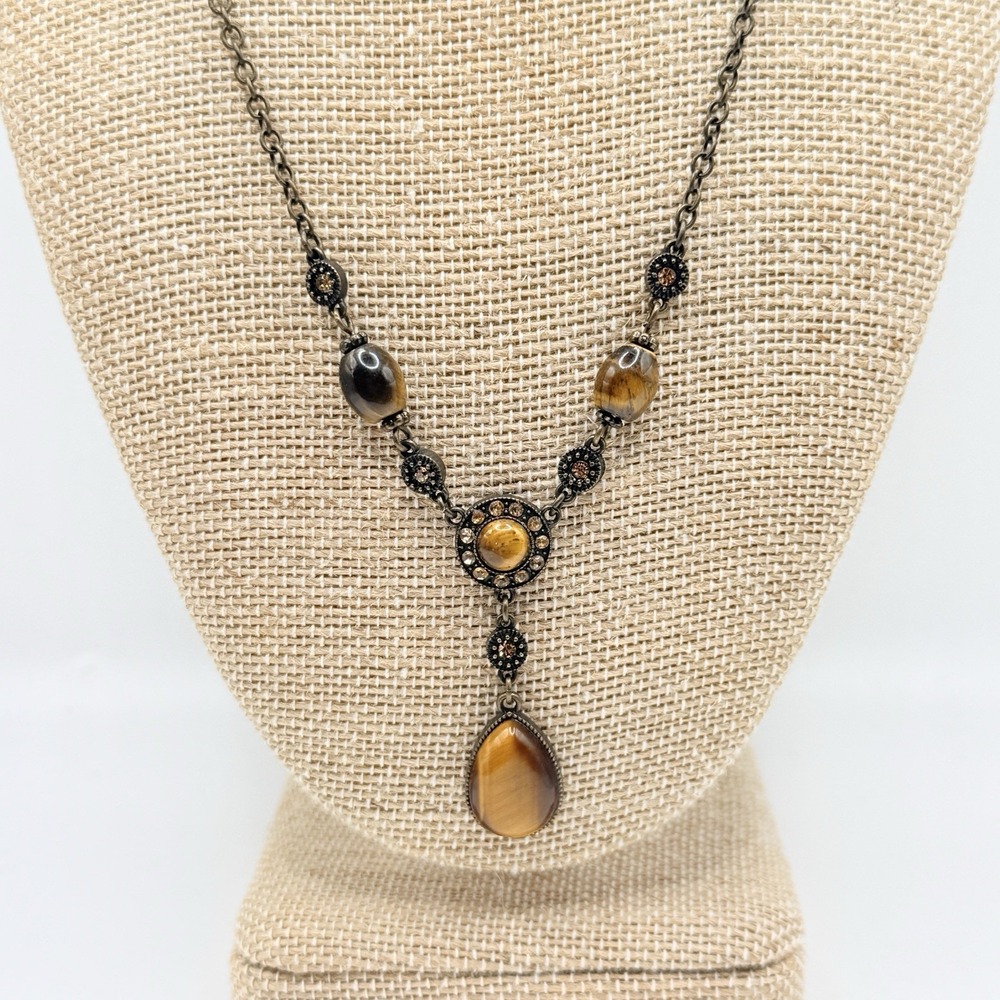 Vintage Avon NR Tiger Eye & Rhinestones Bronze Tone Y-Drop Dainty Necklace 20"